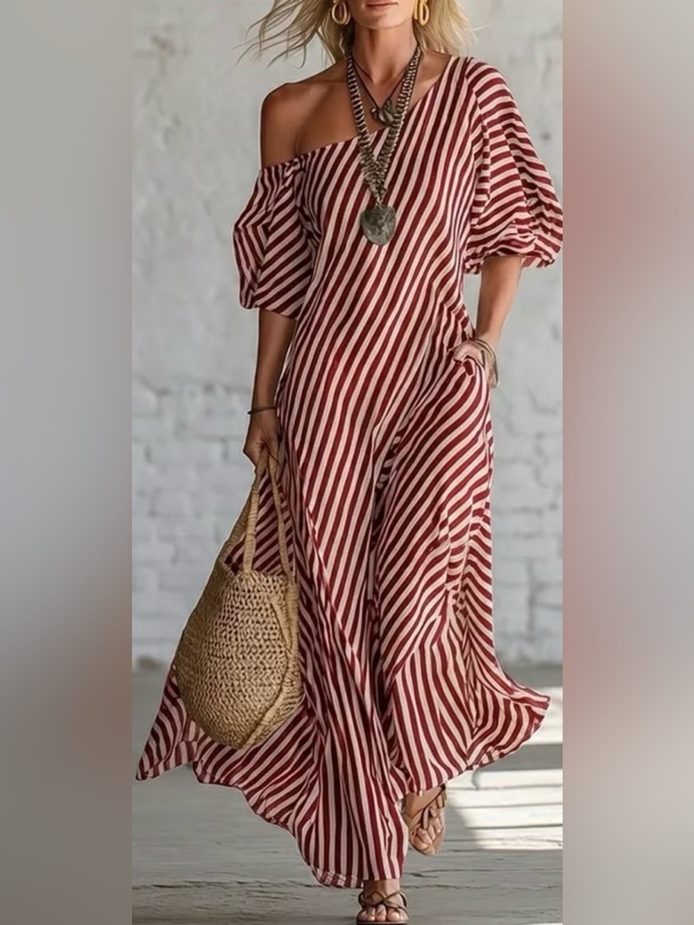 Striped Red and White Maxi Dress - Lightweight Summer Dress